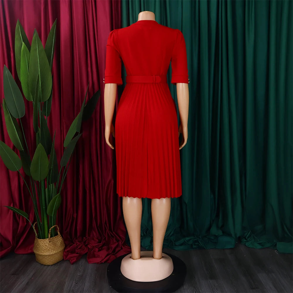 Elegant Office Pleated Dresses for Woman 2024 O Neck Buttons Belt Waisted Mid Calf Fashion Female Business Work Wear Dress Midi
