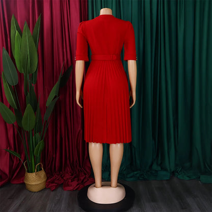 Elegant Office Pleated Dresses for Woman 2024 O Neck Buttons Belt Waisted Mid Calf Fashion Female Business Work Wear Dress Midi