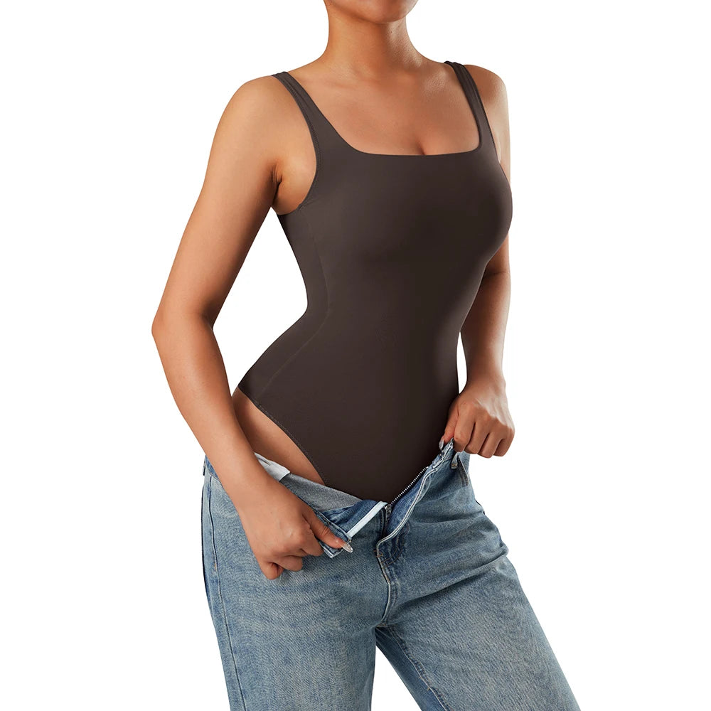 Bodysuits Women Sexy Body Suit One-Piece Romper Solid Sexy Sleeveless Square Neck Padded Tank Tops Jumpsuit Streewear Ladies