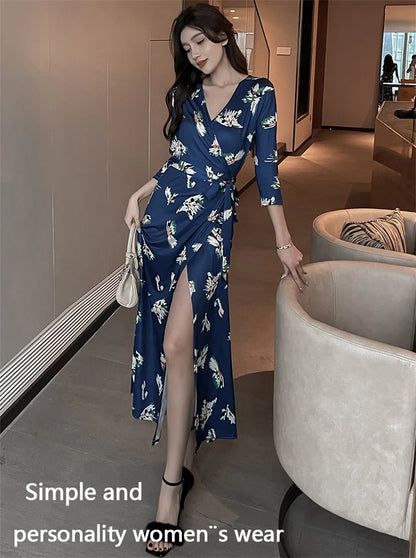 FANIECES Summer Wrap Dresses Women Sexy V Neck Split Maxi Dress Print Female Casual Beachwear Lace Up Party Vestidos Robe платье