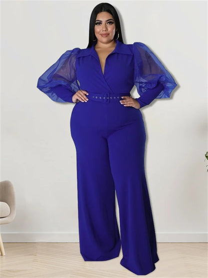 Wmstar Jumpsuit Plus Size Women Clothes V Neck with Belt Single Mesh Sleeve Elegant Bodysuit Office Lady