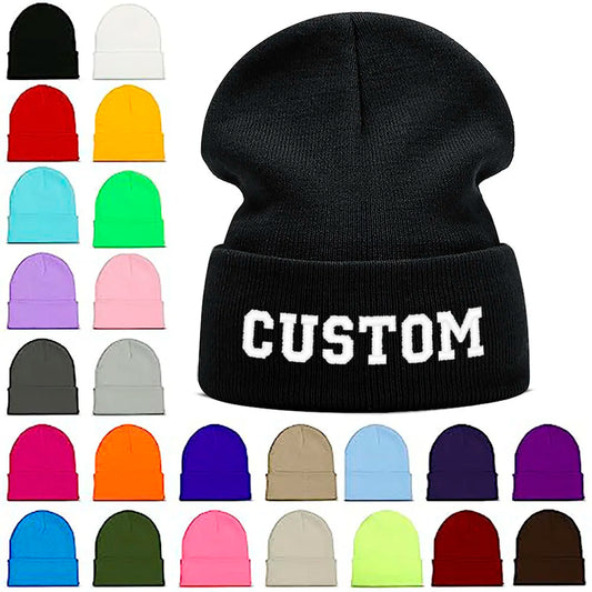 Custom Embroidery Design Logo Text Name Beanies Hats for Men Women Warm Winter Knit Cuff Beanie Cap Wholesale Dropshipping