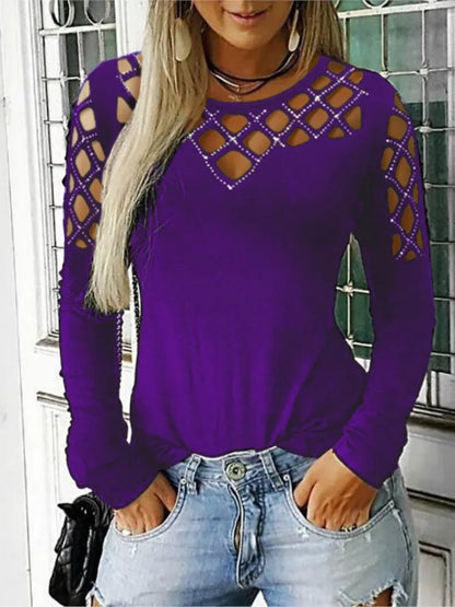 Autumn Winter New Women's Fashion Solid Color Hollow Diamond Splicing Long Sleeve T-shirt Casual Comfortable Top For Women