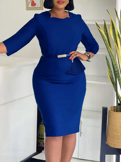 L-3XL Plus Size Elegant Midi Dress 2025 Spring Summer Women Office Lady Dress Casual 3/4 Sleeve Bandage Robe Oversize Dress