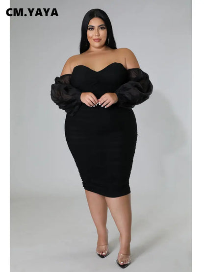CM.YAYA Plus Size Women Mesh Patchwork Off Shoulder Ruched Bodycon Midi Dress evening Winter 2022 Sexy Party Club Prom Dresses