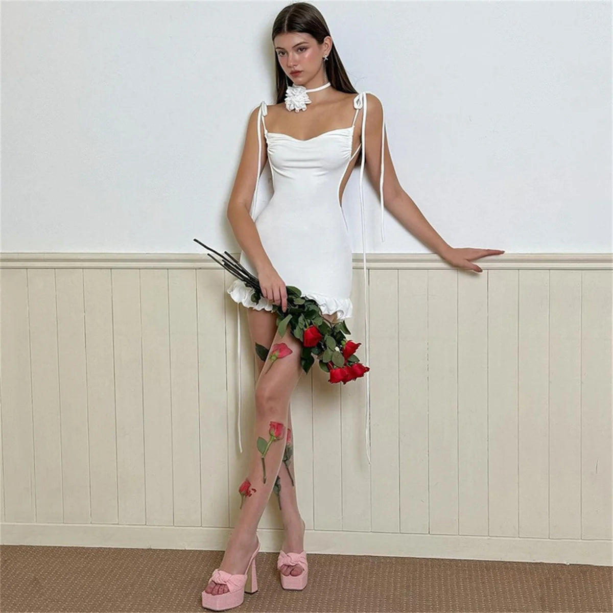 2024 European and American New High end Y2K Sexy Open Back Lace up Slim Fit Spicy Girl Short Skirt Summer Party Club Mini Dress