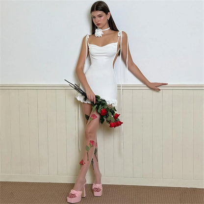 2024 European and American New High end Y2K Sexy Open Back Lace up Slim Fit Spicy Girl Short Skirt Summer Party Club Mini Dress