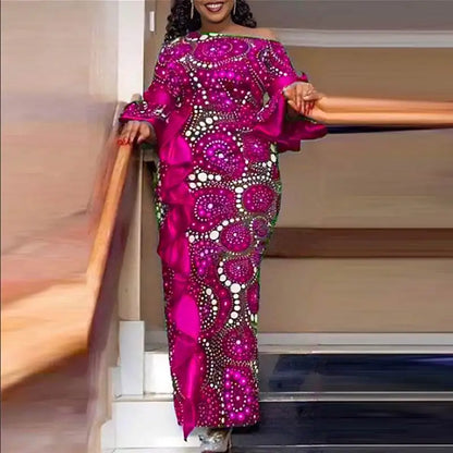 Plus Size 5XL VONDA Women One Off Sholuder Maxi Dress Bohemian Ruffled Printed Vestidos 2024 Fashion Casual Floor-Length Robe