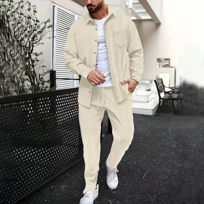 Spring and Autumn Men Waffle Solid Color Two-piece New Trend Lapel Long-sleeved Shirt and Trousers Casual Outdoor Sports Suit