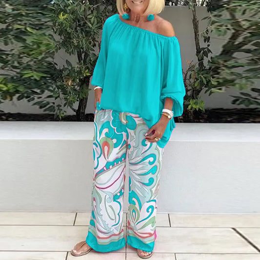 Casual 2-piece Suit Set Women's Sexy Off-shoulder Shirt Blouse Top + Printed Wide-leg Pants Two-piece Suit Spring Autumn 2023