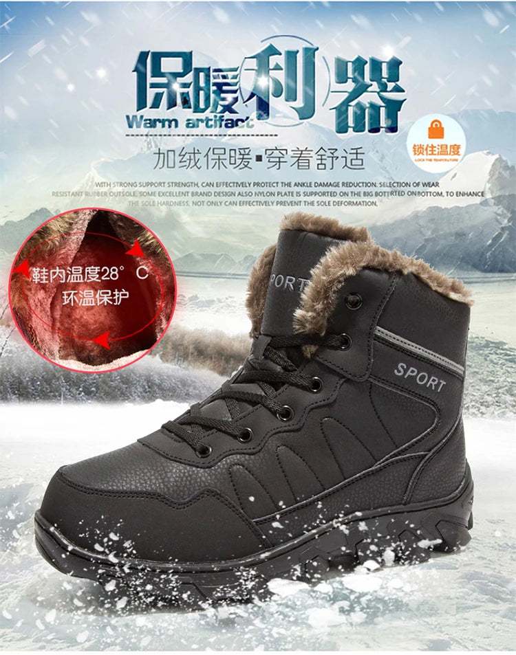 Men's Winter Snow Boots Leather Fabric Thickened Plush Shoes Extra Large Outdoor Mountaineering Anti Slip Training Shoes 39-48