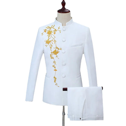 New Men Stand Collar Embroidery Suit 2 Piece Black / White / Red Fashion Male Stage Party Perform Blazer and Trousers