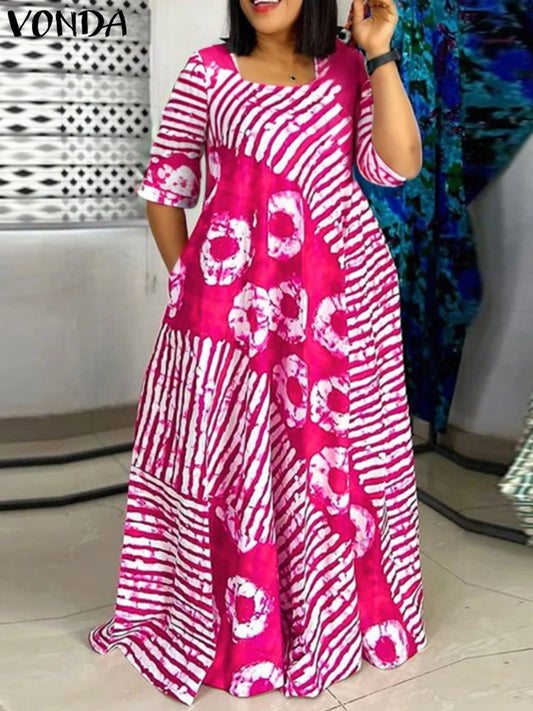 Plus Size VONDA Women Summer Party Maxi Dress Bohemian Printed Long Sundress Beach Vestidos 2025 Half Sleeve Casual Loose Robe
