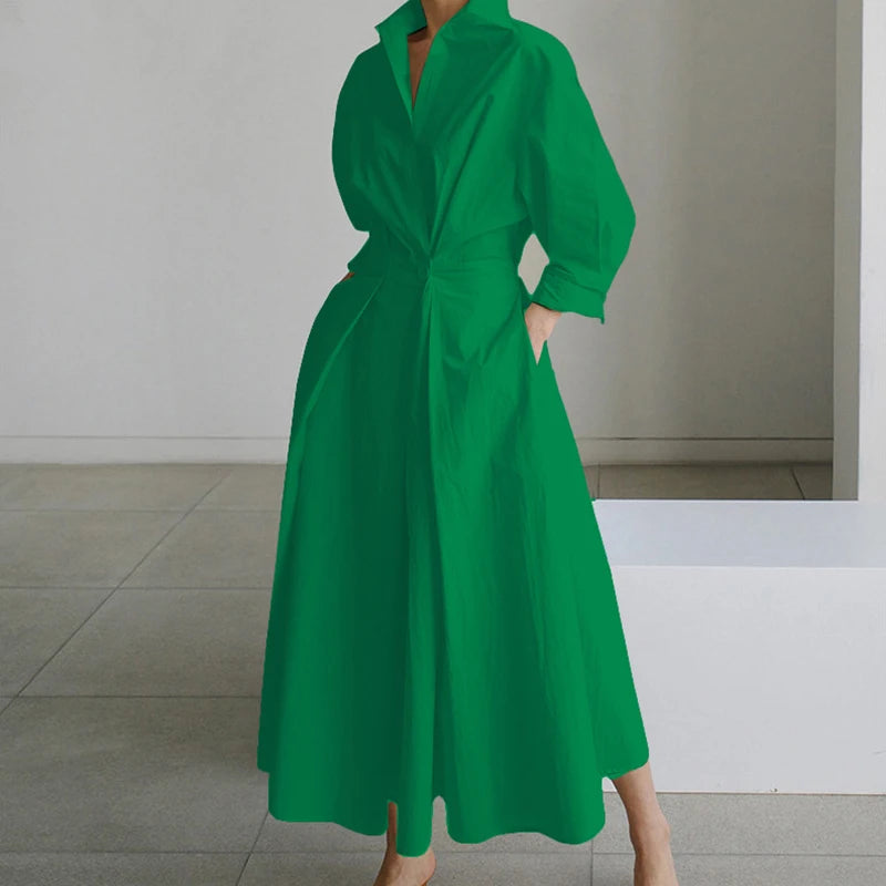 Fashion Dress Women Spring New Long Sleeve Turn-down Collar High Waist Print Button Elegant Big Hem Loose Commute Female Dress