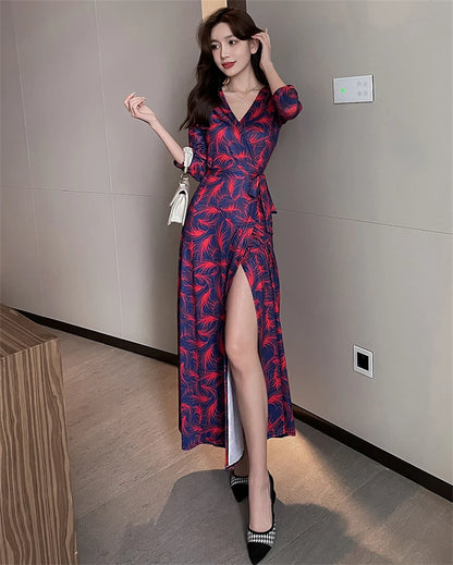 FANIECES Summer Wrap Dresses Women Sexy V Neck Split Maxi Dress Print Female Casual Beachwear Lace Up Party Vestidos Robe платье