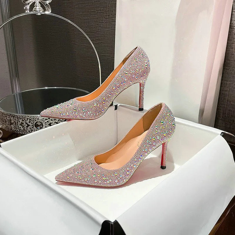 New Full Diamond Shallow Mouth Pumps Pointed Stiletto Leather Sexy Banquet All-Match Wedding Light Luxury Sandals Women'S Shoes