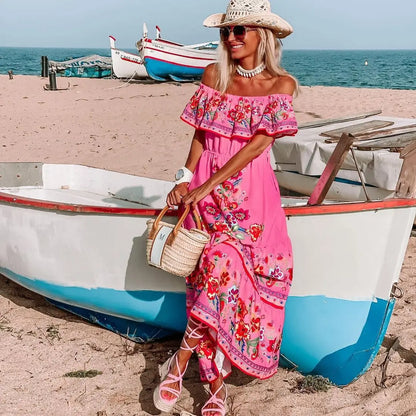 2024 Spring Summer Women's New Sexy One Shoulder Off Shoulder Fashion Red Flower Printed Lace Up Waist Long Swing Dress