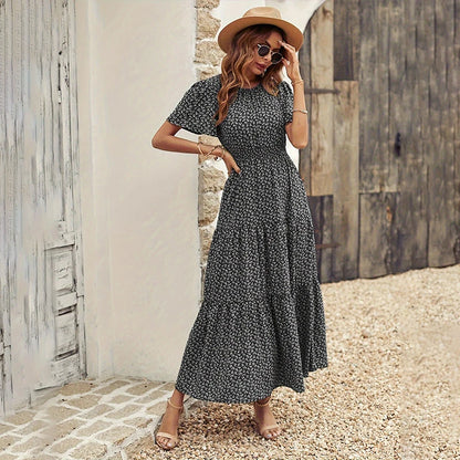 Spring Summer Tierred Dress Women Midi Dresses Female Short Sleeve Elastic Waist Printed Floral Pleated Backless Casual Dress