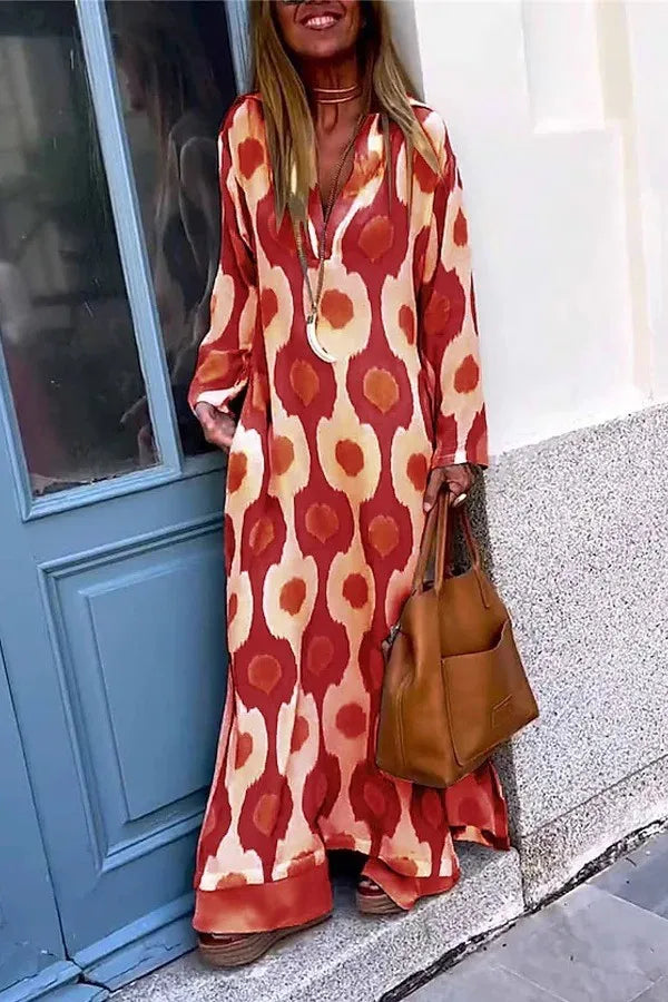 Spring Autumn Casual V Neck Long Sleeve Dress Women Fashion Geometric Printing Split Maxi Dresses Holiday Beach Boho Dress 2024