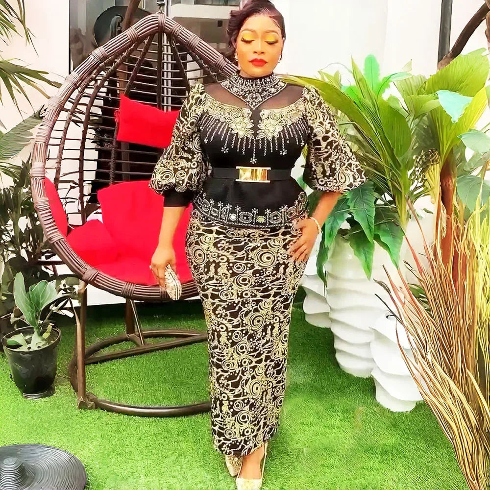 2025 African Party Evening Wedding Dresses for Women Spring African Half Sleeve Diamond Polyester Long Maxi Dresses Outfits
