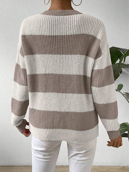 Women's autumn and winter contrasting striped round neck pullover knitted sweater