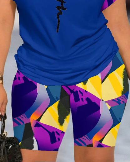 Two Piece Short Sets Print Letter Round  Neck T Shirts High Waist Pants Splice Tops Pullover Summer Ladies Beach Style