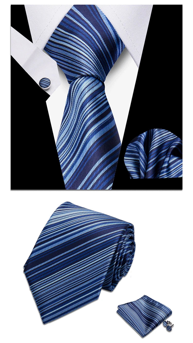Classic Elegant Ties For Men Fashion Gifts Striped Solid Necktie Handchief Cufflink 3 Pcs Set Wedding Business Suit Accessories
