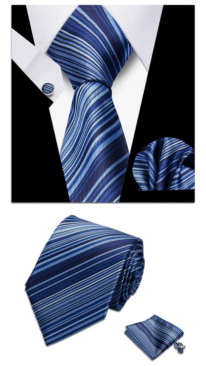 Classic Elegant Ties For Men Fashion Gifts Striped Solid Necktie Handchief Cufflink 3 Pcs Set Wedding Business Suit Accessories