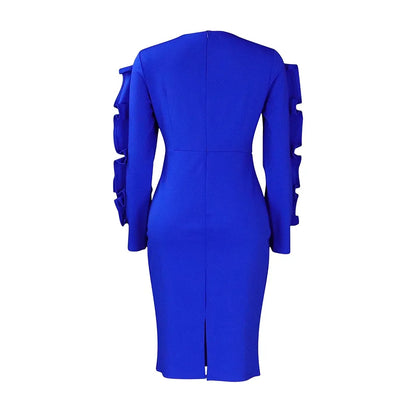 Elegant Office Dresses for Woman 2024 New O Neck Petal Sleeve Sheath Package Hips Mid Calf Formal Business Work Wear Dress Midi