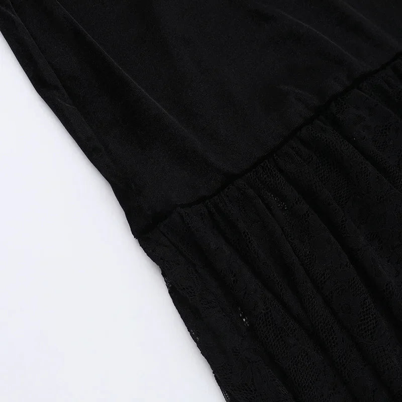Y2K Goth Floral Lace Mesh Flared Sleeve Bodycon Party Dresses Sexy Vintage Elegant Black Velvet V-Neck Long Dress Partywear