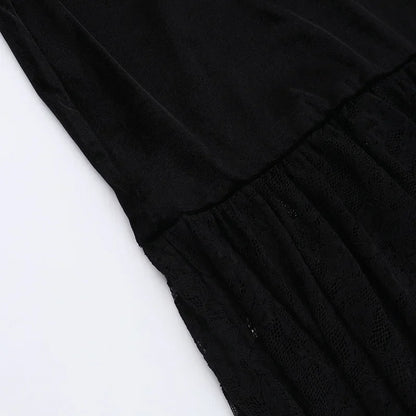 Y2K Goth Floral Lace Mesh Flared Sleeve Bodycon Party Dresses Sexy Vintage Elegant Black Velvet V-Neck Long Dress Partywear