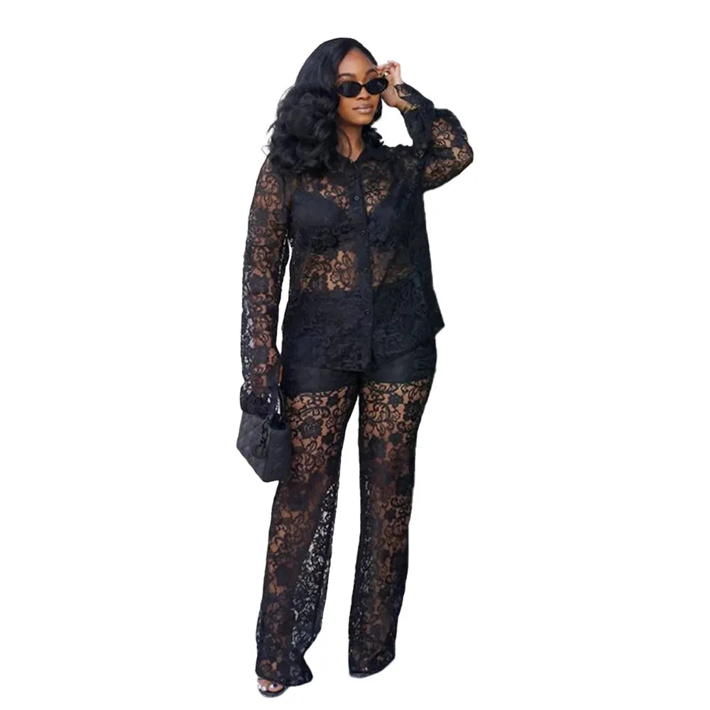 Perspective Lace Pants Set Summer 2024 New 2 Piece Set Chic Slim Elegant Office Women's Set Fashion Street Youth 2-piece Suit