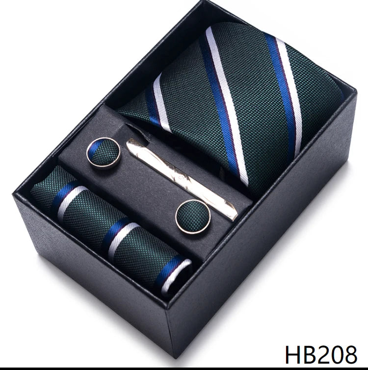 Top Quality 7.5 cm Business Ties Hanky Cufflink Set Tie Clips Green Necktie Corbatas For Men Wedding In Gift Box Gravatas