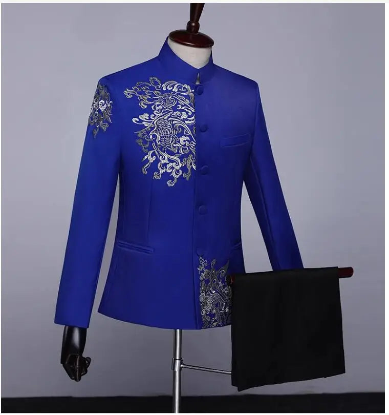 New Men Standing Collar Embroidered Suit 2 Piece Fashion Male Business Social Wedding Prom Stage Performance Dress Blazer Pant