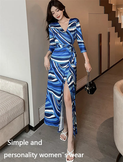 FANIECES Summer Wrap Dresses Women Sexy V Neck Split Maxi Dress Print Female Casual Beachwear Lace Up Party Vestidos Robe платье