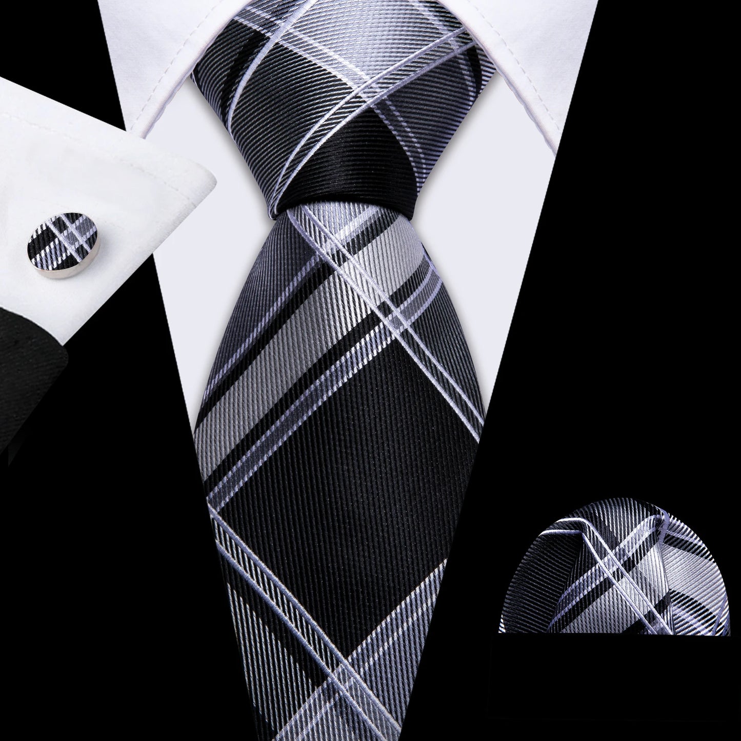 Barry.Wang Black White Gray Silver Silk Men Tie Handkerchief Cufflinks Set Jacquard Necktie for Male Wedding Business Party Gift