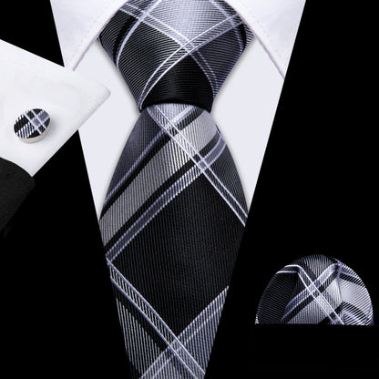 Barry.Wang Black White Gray Silver Silk Men Tie Handkerchief Cufflinks Set Jacquard Necktie for Male Wedding Business Party Gift