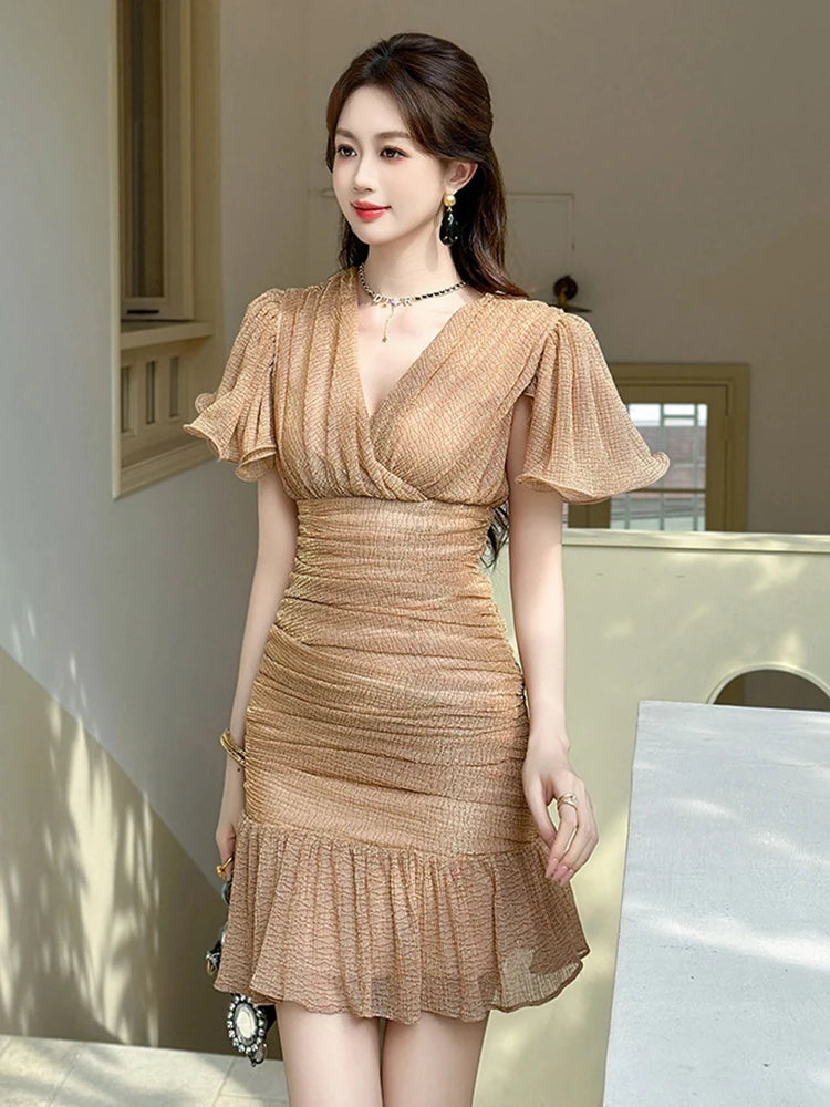 New Elegant Vintage Gold Bright Silk Evening Dress Women Clothes Ruffle V-Neck Folds Slim Short Party Birthday Vestidos Fiesta