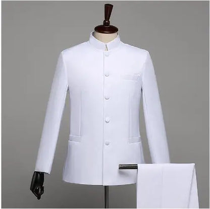 New Men Standing Collar Embroidered Suit 2 Piece Fashion Male Business Social Wedding Prom Stage Performance Dress Blazer Pant