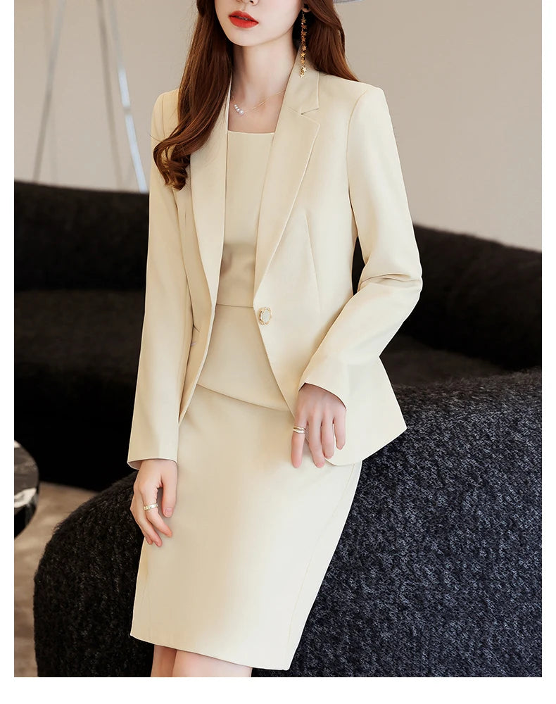 Yitimuceng Women Elegant Office Dress Set Slim Fit Fashionable Monochromatic Single Button New 2 Pcs Set