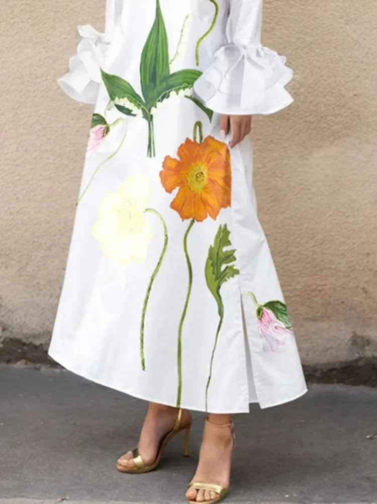 Womens Flower Printed Shirts Dress Elengant 2025 Fall Summer Spring Party Prom Wedding White Dresses Clothing for Woman