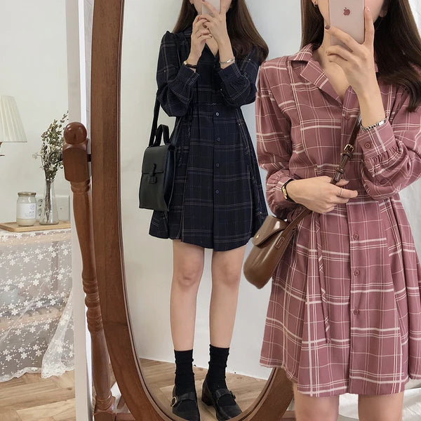 2023 Spring Summer Basic Dresses Hot Women Fashion Long Sleeve Cute Preppy Style Red Plaid Shirt Dress Bow Tie Vintage Dress