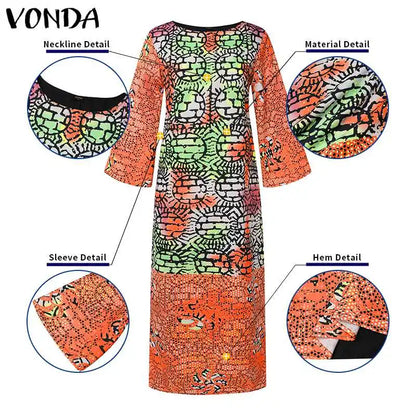 VONDA Women Dresses Bohemian Printed Long Flare Sleeve Vestidos 2024 Causal Sundress Robe Round Neck Loose Robe Oversized