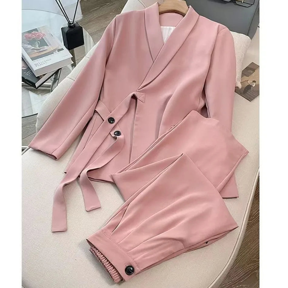 Women's Korean Fashion Long Sleeve Blazer And Wide Leg Pants Two-Piece Set Office Casual Loose Fit Spring Autumn Suits