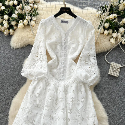 Spring French Vacation Fashion Dress Women Buttons Hook Flower Hollow Out Design 2025 High Quality Lace Ruffles Long Dress
