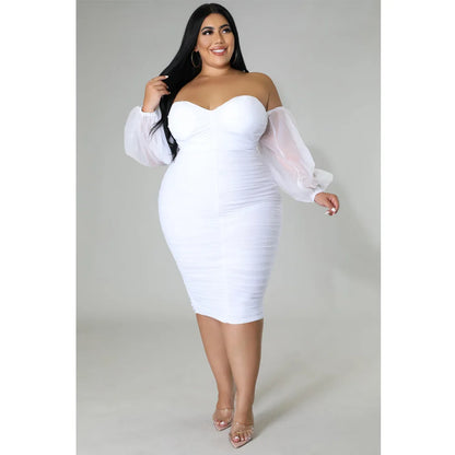 CM.YAYA Plus Size Women Mesh Patchwork Off Shoulder Ruched Bodycon Midi Dress evening Winter 2022 Sexy Party Club Prom Dresses