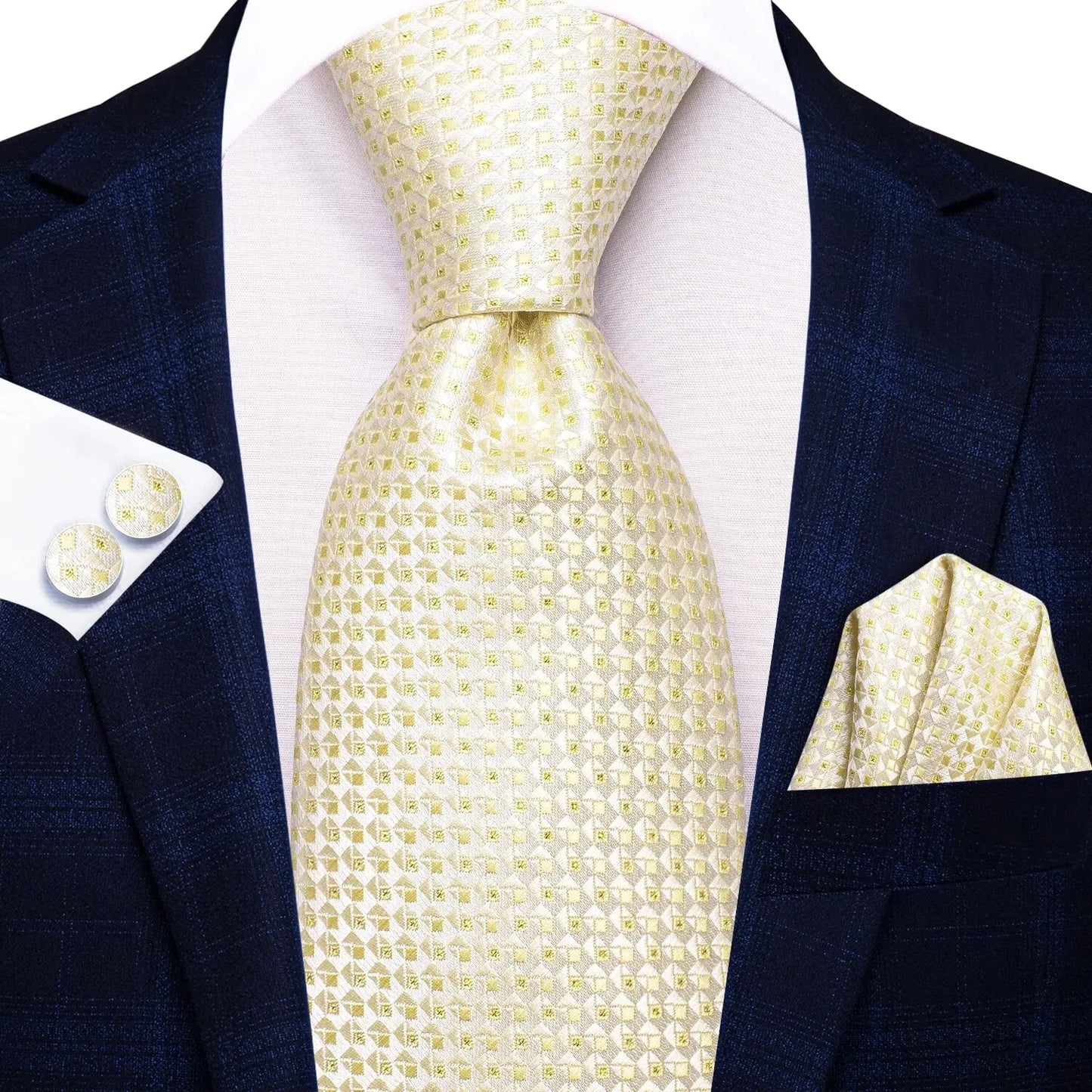 Hi-Tie Champagne Gold-color Silk Mens Elegant Ties Fashion Mens Necktie Pocket Square Cufflinks Set Business Party Wedding
