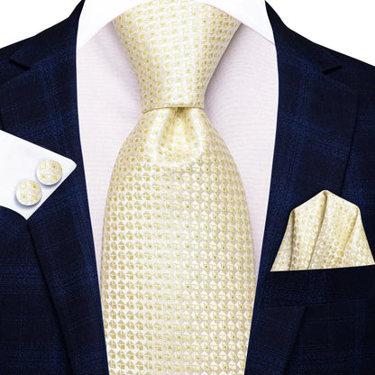 Hi-Tie Champagne Gold-color Silk Mens Elegant Ties Fashion Mens Necktie Pocket Square Cufflinks Set Business Party Wedding