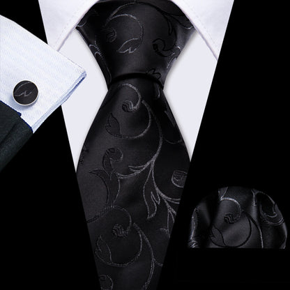 Barry.Wang Black White Gray Silver Silk Men Tie Handkerchief Cufflinks Set Jacquard Necktie for Male Wedding Business Party Gift