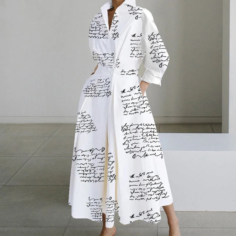 Fashion Dress Women Spring New Long Sleeve Turn-down Collar High Waist Print Button Elegant Big Hem Loose Commute Female Dress